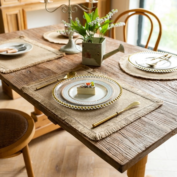 Set of 4 Natural Jute Placemat 30×45 CM, Burlap Table Mat with Lace Edge, Eco-Friendly Heat Resistant Dining Table Protector, Rustic Farmhouse Table Décor
