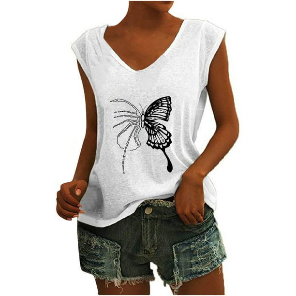 Camisetas sin mangas con cuello en V de verano para mujer, camisetas de manga corta con estampado de mariposa Retro OAVQHLG3B Store lin121212