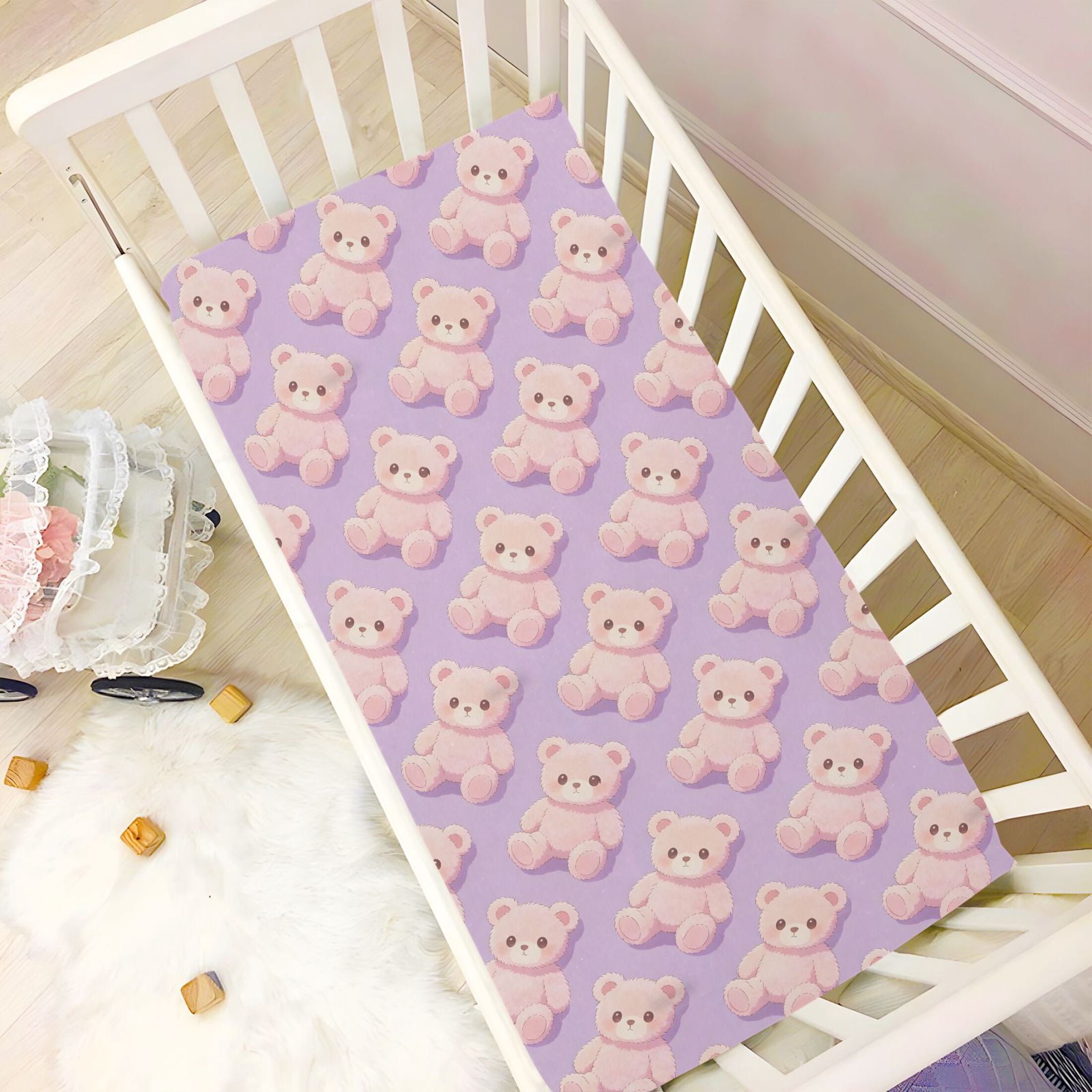 Baby Essentials 52”x 28”- Standard Cotton-like Modal Elastic- Purple Bear Design Crib Sheets for Newborns and Toddlers