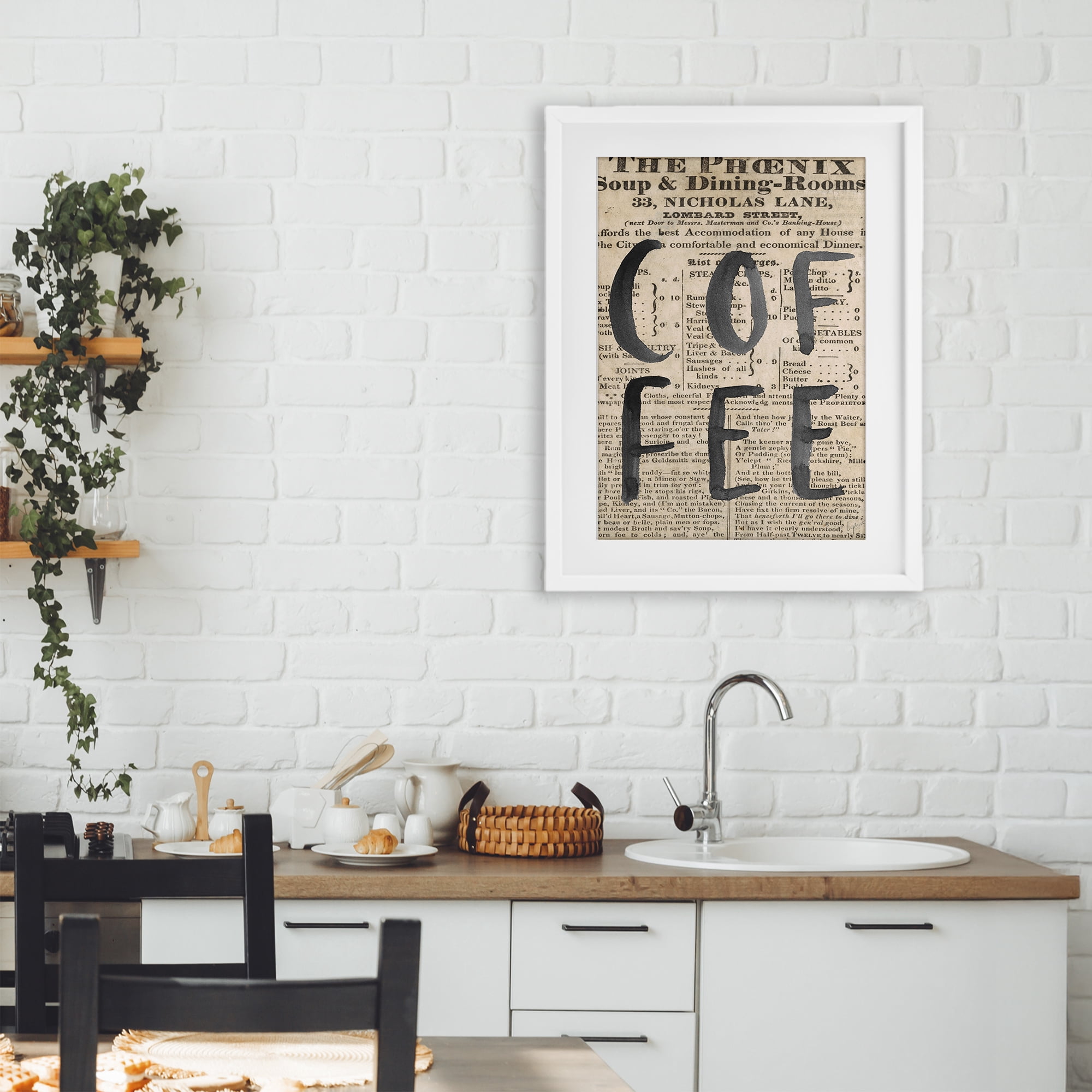 Stupell Industries Vintage Coffee Newspaper White Framed Print Under Glass, design by Lucille Price