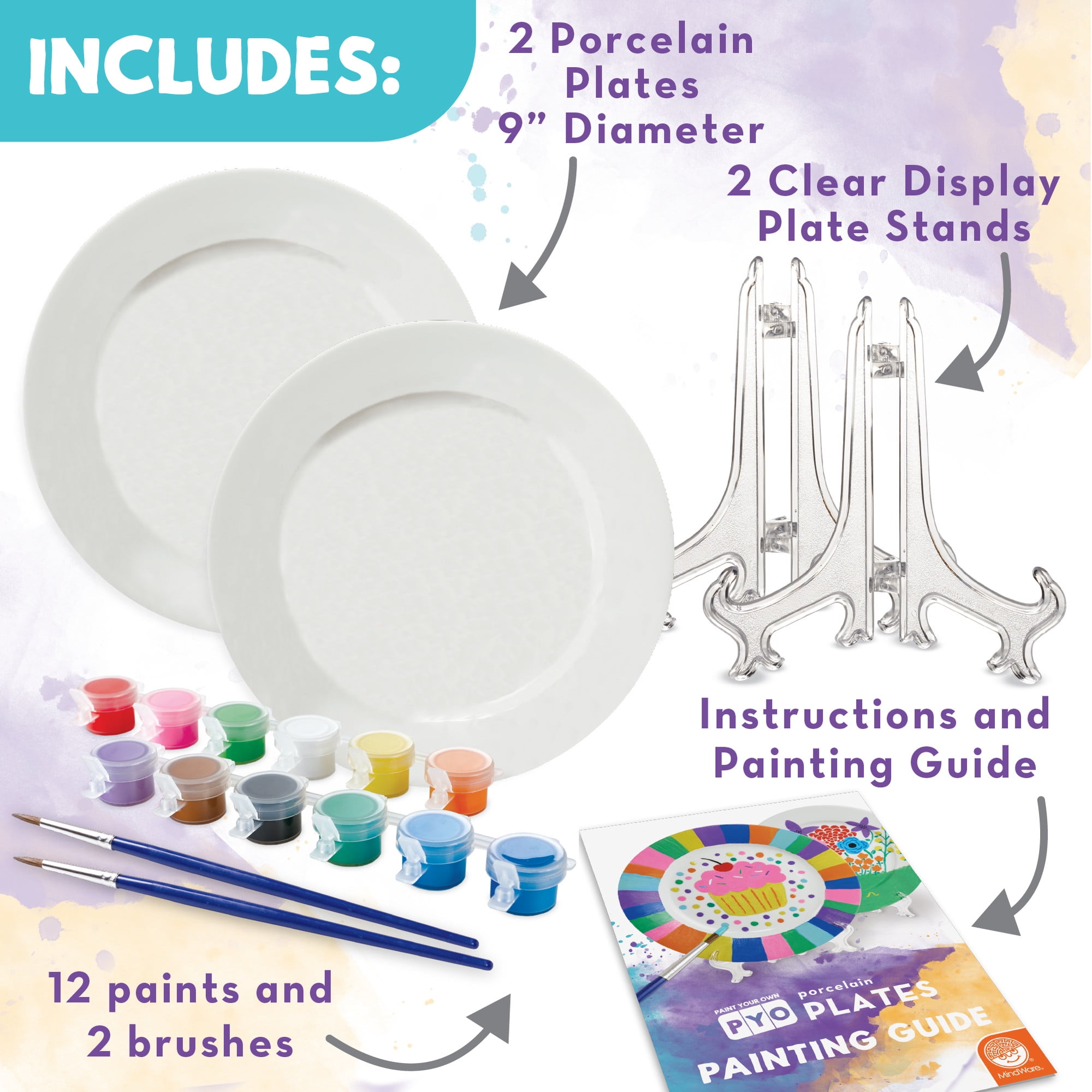 MindWare Creative Art Paint Your Own Porcelain Plates Kit with 2 Plates, 12 Paints, 2 Brushes, and 2 Stands