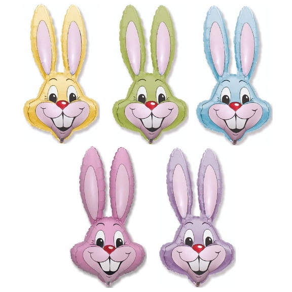 5 Count 37" LIGHT PASTEL Lilac PURPLE PINK GREEN BLUE and YELLOW Rabbit Bunny Head Shaped Easter Basket Gift Stuffing Foil Mylar Balloons