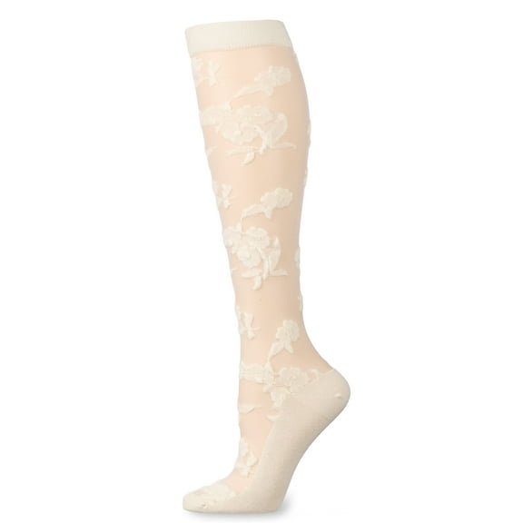 MeMoi Women's "Floral Fantasy" Embroidered Sheer Knee High Socks - Womens - Female, 9-11, Ivory