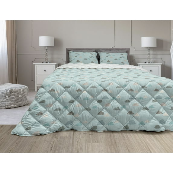 Blue Sky Comforter & Sham Bedding Set, Clouds with Various Details Polka Dots Stripes Rain, 3 pcs Duvet Set Microfiber Filling Quilt, 5 Sizes, Seafoam Multicolor, by Ambesonne