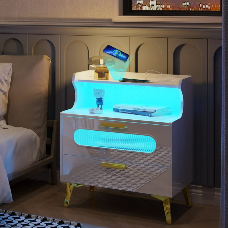 LVSOMT RGB Nightstand with Wireless Charging Station USB & Type--