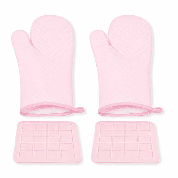4 Pack Silicone Oven Mitts and Trivet Mats Set, 2 Oven Mitts 2 Trivets Heat Resistant Non-Slip Glove for Baking BBQ Grilling, Pink