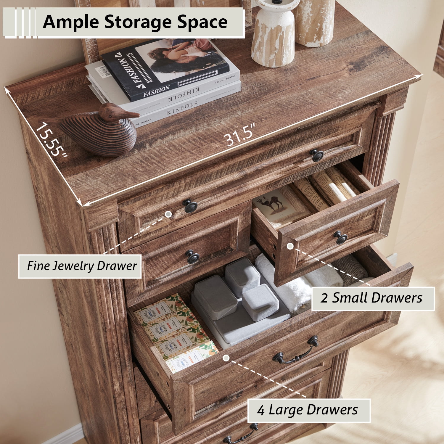 wow97e 7 Drawers Dresser for Bedroom, 57" Tall Farmhouse Wooden Chest of Drawers w/Roman Colum, Storage Dressers for Hallway, Living Room