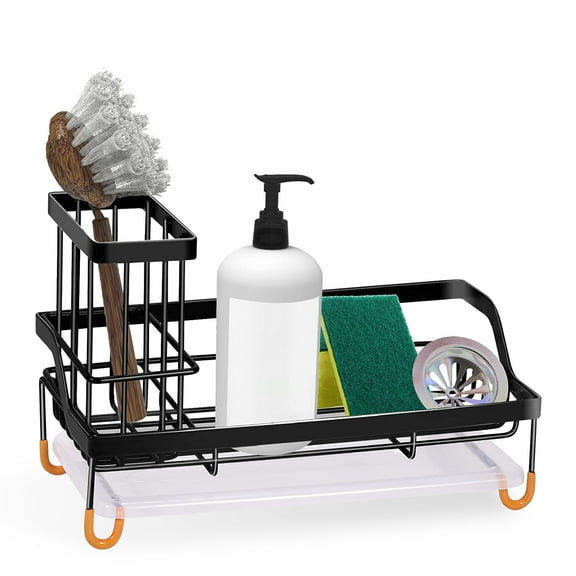 Luniquz Sink Caddy, Kitchen Sink Organizer with Hanging Bar & Drain Pan, Stainless Steel, Black