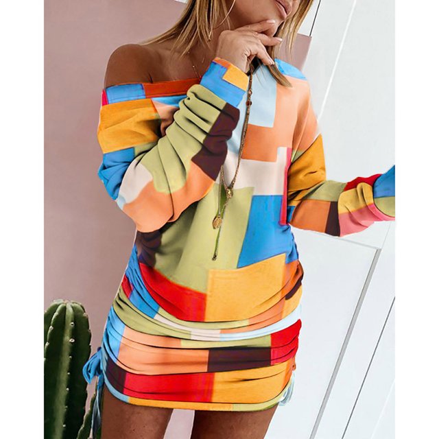 Womens Dresses Clearance Plus Size Women's Trendy Pullover Off Shoulder Print Drawstring Ruched Long Sleeve Dress Multicolor L JE