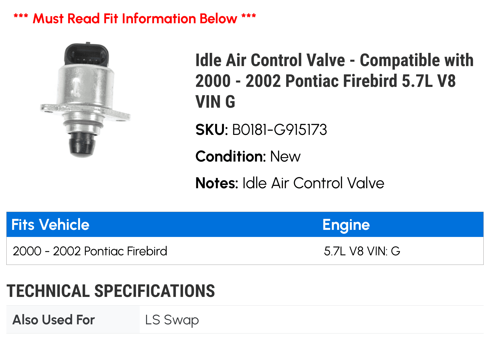 Idle Air Control Valve - Compatible with 2000 - 2002 Pontiac Firebird 5.7L V8 VIN G 2001
