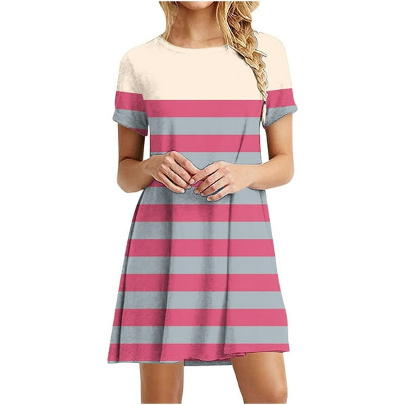 Levmjia Womens Casual Summer Dress Round Neck Short Sleeve Polyester Printed Floral Casual Daily Wear Multicolor Options Limited Stock