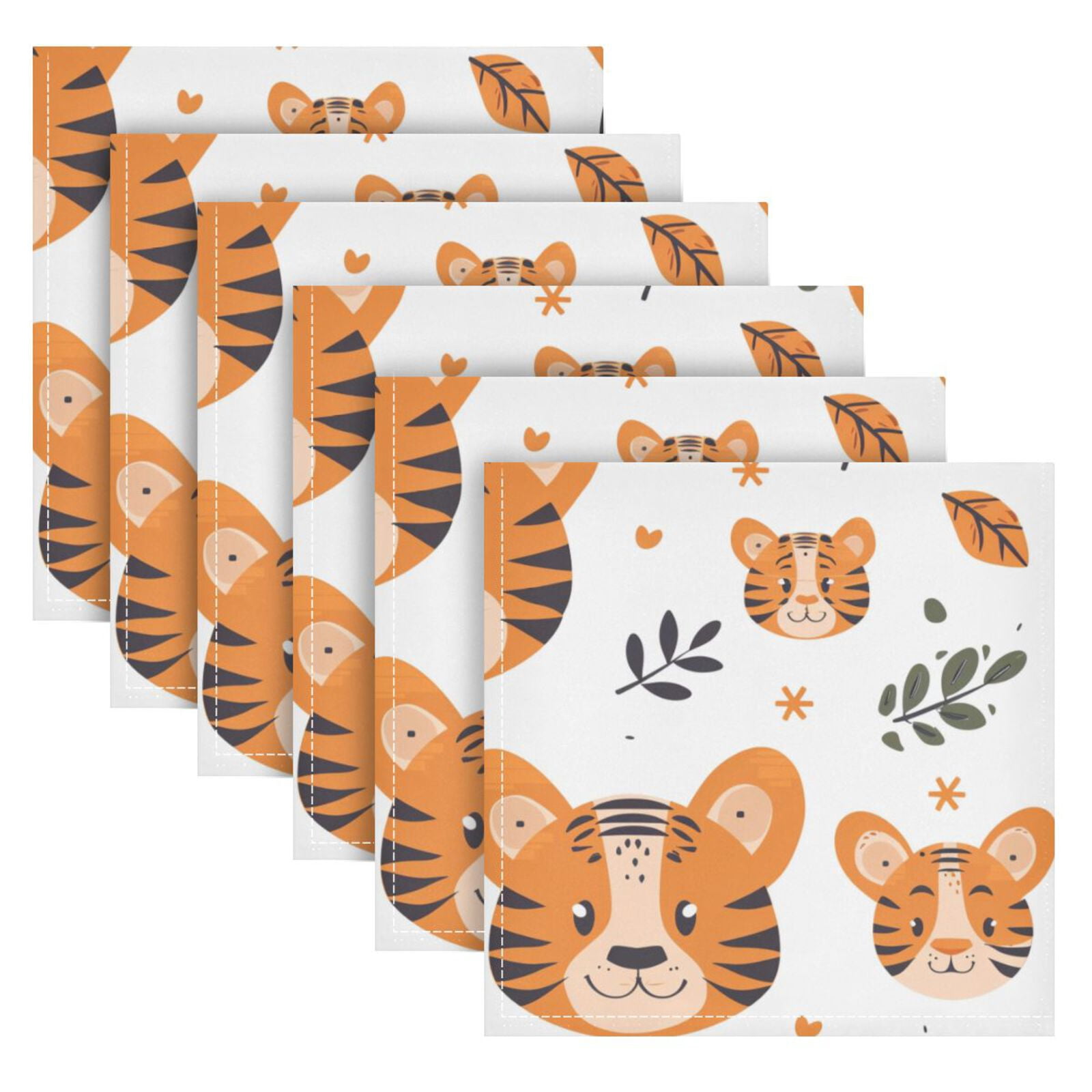 JSTEL Cute Tiger Leaves Cartoon Cloth Napkins Set of 6, 20x20 Inch Washable and Reusable Napkin for Decoupage Dinner Party Everyday Use