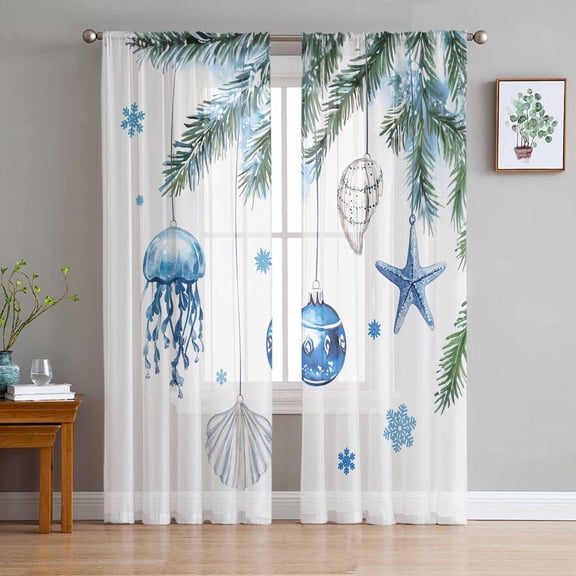 Blue Coastal Christmas Sheer Curtains 96 Inches Long 2 Panels Set, Window Sheer Curtains for Living Room/Bedroom, Xmas Botanical Starfish Light Filtering Rod Pocket Curtain 52'' x 96'' x 2