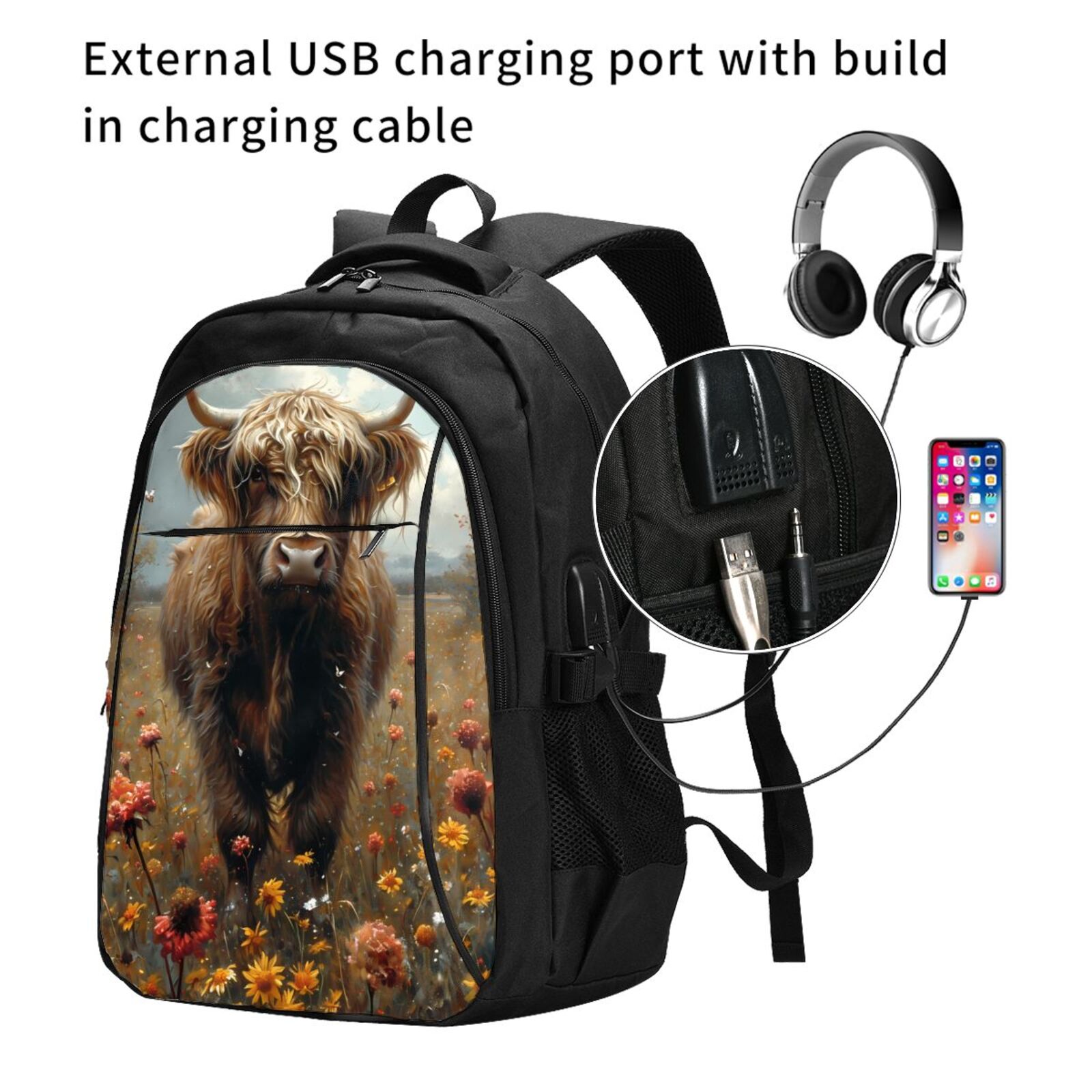 Vsdgher Grassland Sunflower Cow Print Travel Laptop Backpack, Laptops Backpack with USB Charging Port, Water Resistant Computer Bag Gift for Men & Women