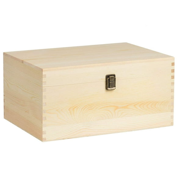Kingcraft Extra Large Rectangle Unfinished Pine Wood Box Natural DIY Craft Stash Boxes with Hinged Lid and Front Clasp for Arts Hobbies and Home Storage-13.8x9.9x6.7 Inches