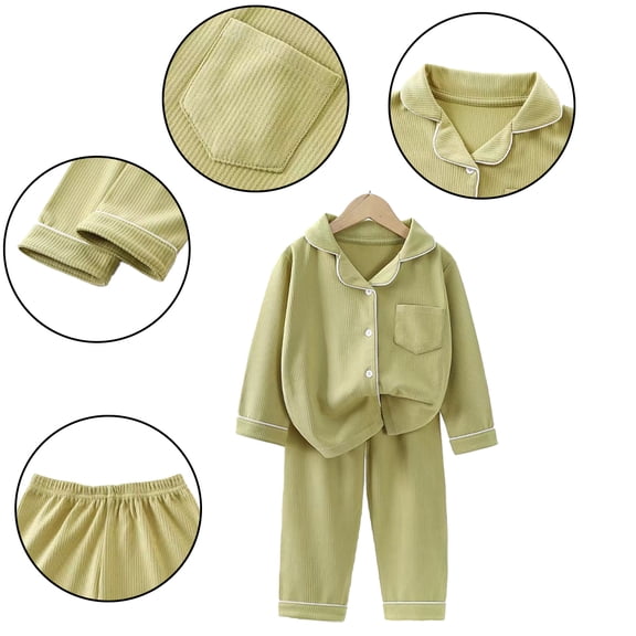 CSCHome Baby Boys Girls Pajama Set Kids Long Sleeve Lapel Collar Velvet Pajamas Button down Top Shirt Pants 2PCS Basic Cotton Sleepwear Pjs for Toddler Kids