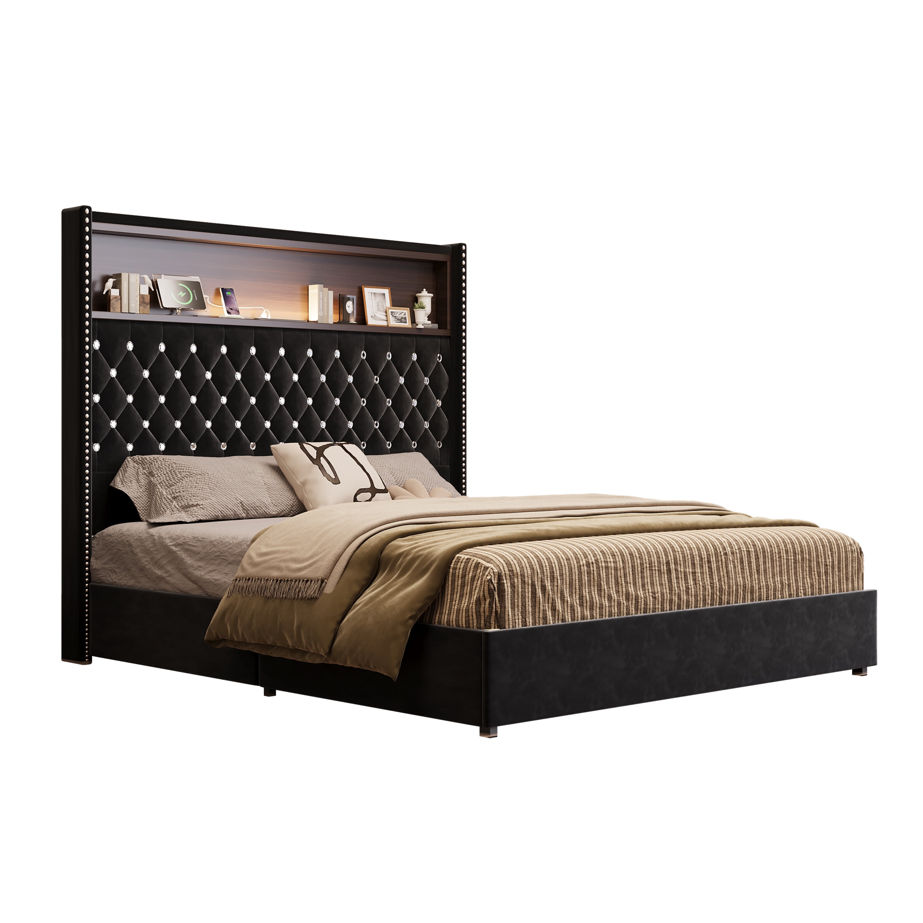 Euroco Upholstered Full Size Tuft Platform Bed with USB Ports and Night Light, Wing Back Headboard with Storage, Black