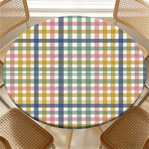 YESAD Elastic Tablecloth For Round Tables, Waterproof Tablecover For Up To 36in Round Table, Dining Tablecover For Indoor And Outdoor, Holiday, Rainbow-Plaid