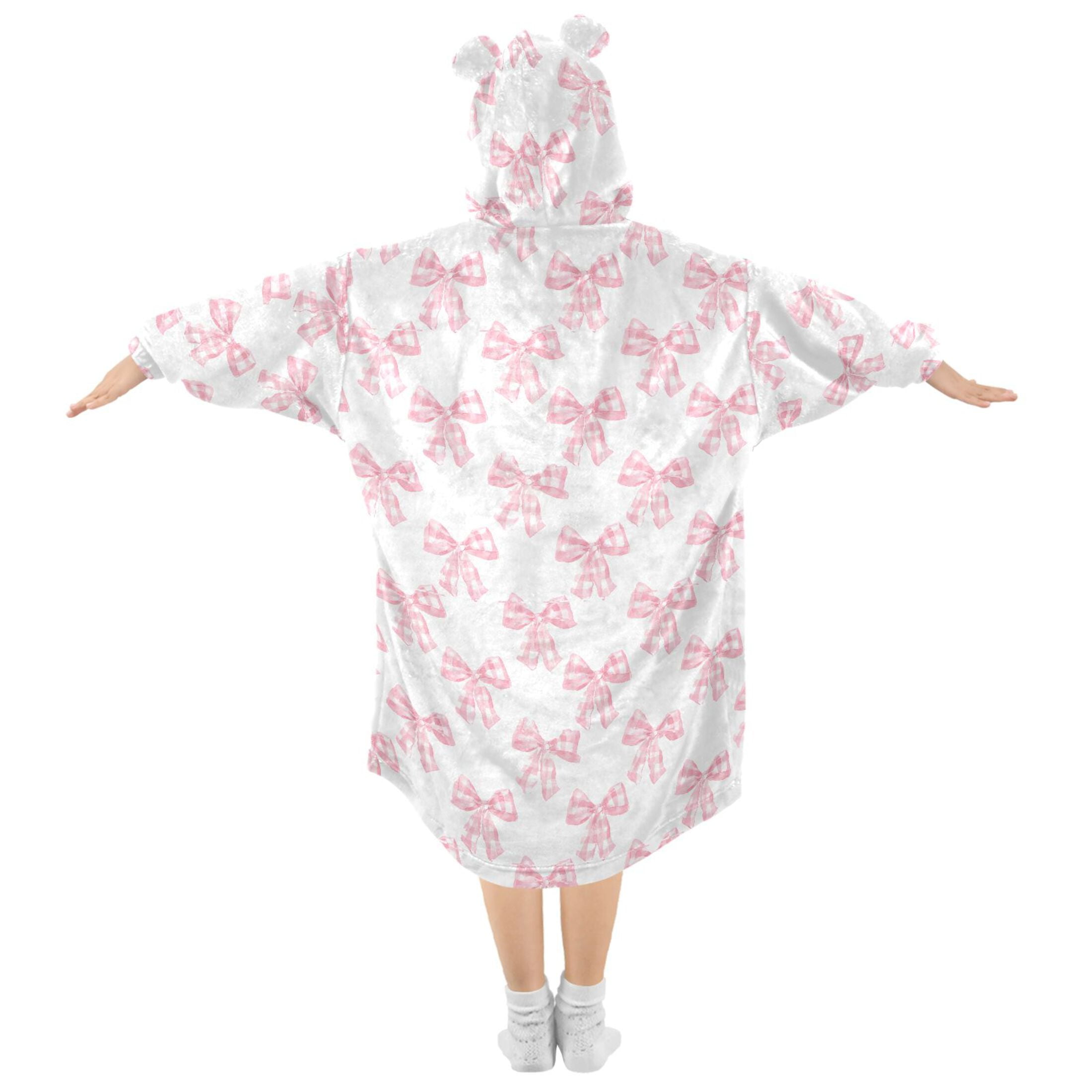 Wearable Blanket Hoodie for Kids Bows Checkered Flannel Hooded Blanket with Pockets and Sleeves Suitable for Boys and Girls