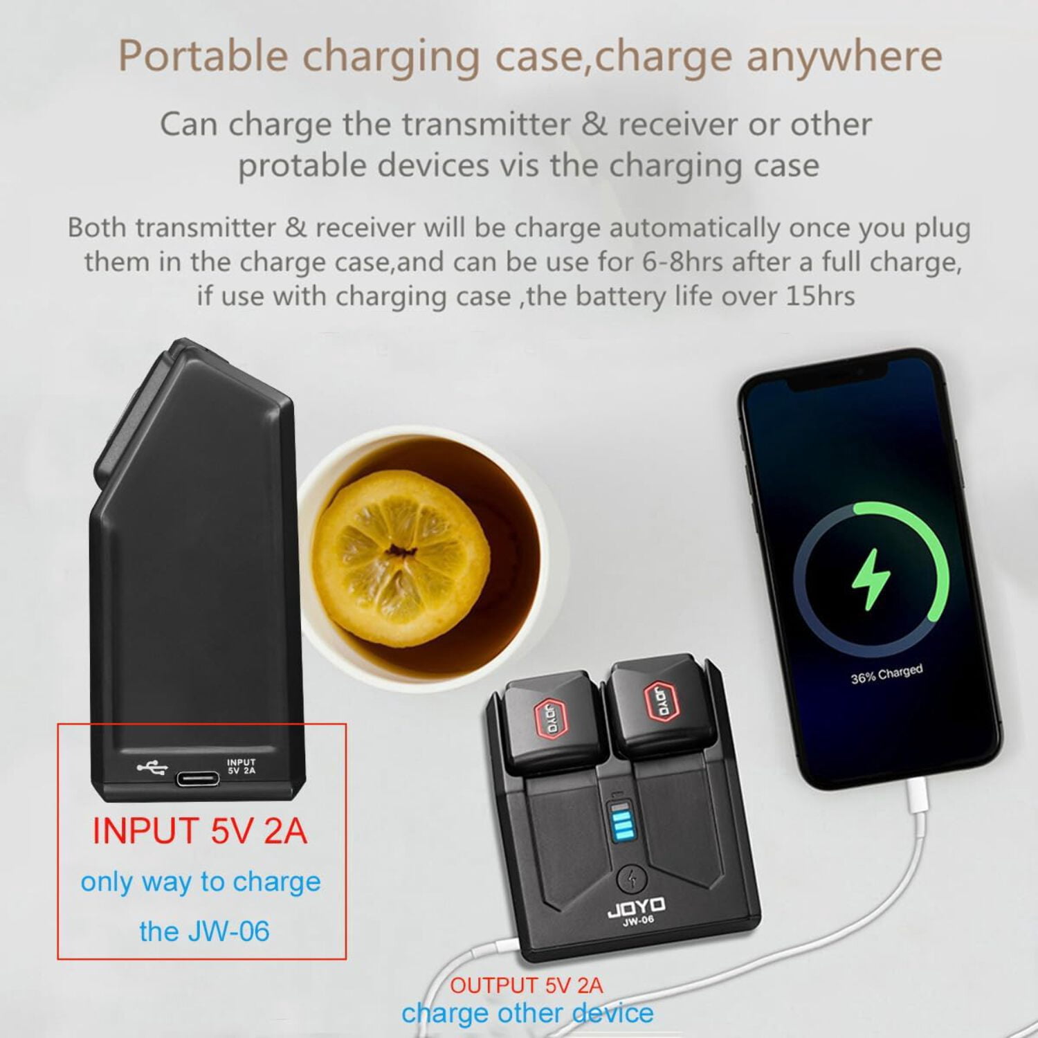 JOYO 5.8GHz Wireless Guitar Transmitter Receiver 18H Total Battery Life with Charging Case 4 Channels for Guitar Bass