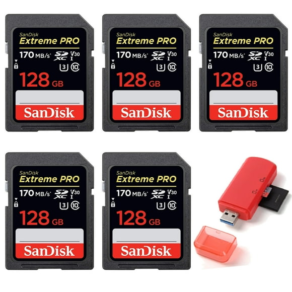 128GB SecureDigital Extreme PRO SDXC UHS-I Card C10,U3,V30 170MB/s - Pack of 5 - with Memory Card Reader