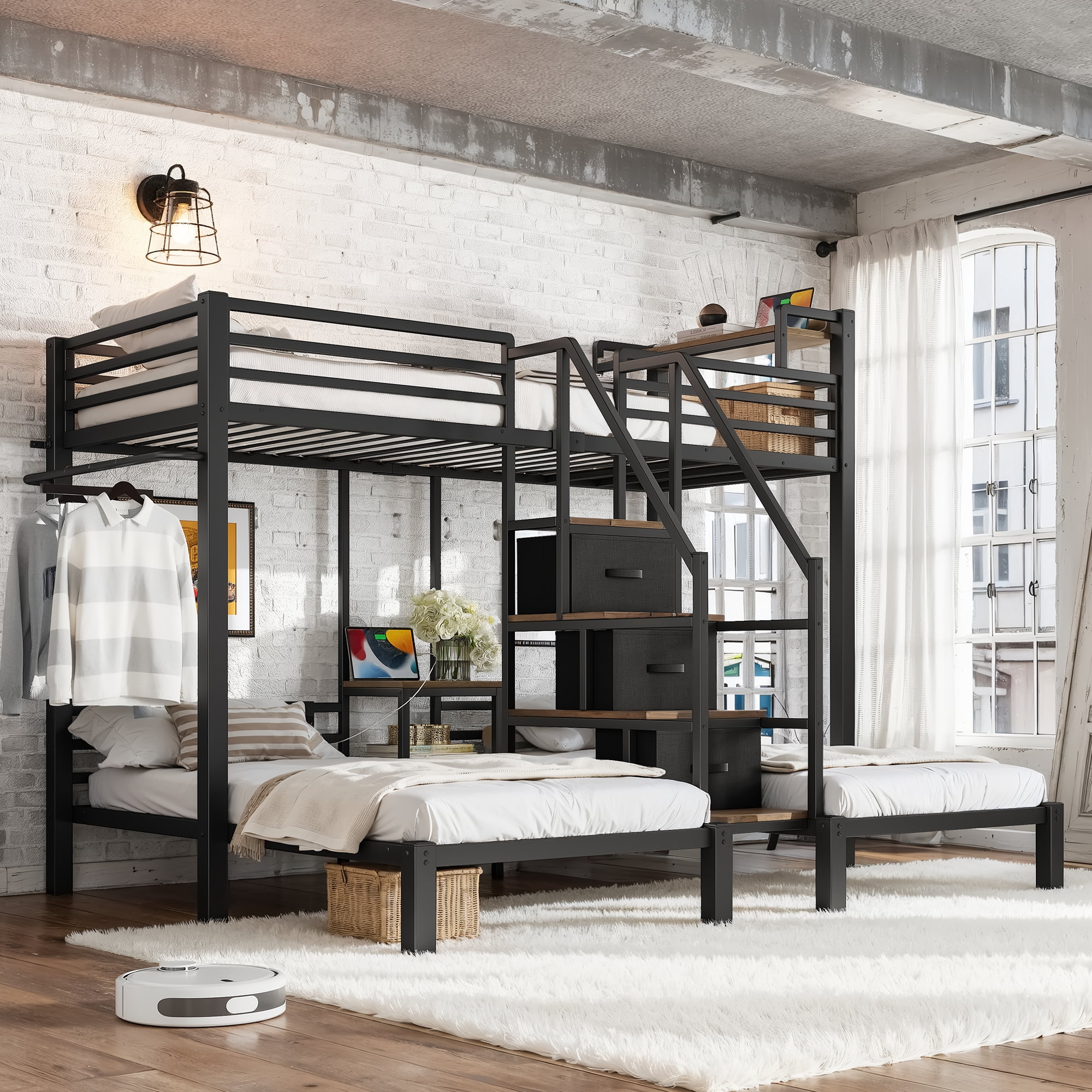 HOQBN Triple Bunk Bed Twin over Twin,Heavy Duty Metal Bed Frame with Storage Stair Drawers,No Box Spring Needed,Black