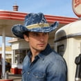 thumbnail image 4 of RUINIXCW Western Denim Cowboy Hat Blue Denim Cowgirl Hat For Man Women Distressed Jean Hat With Bull Head Buckle Belt Wide Brim Outback Hat, 4 of 6