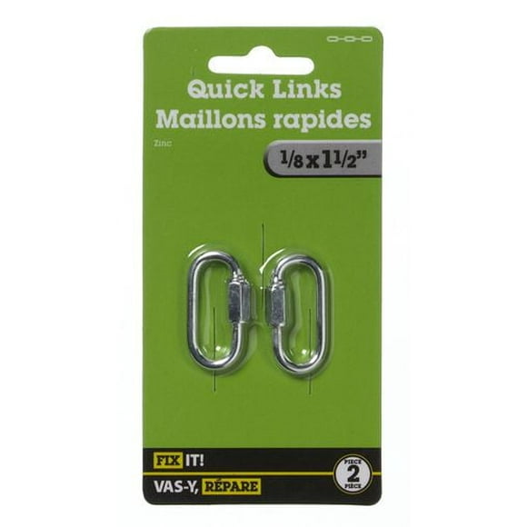 Maillons rapides1/8 po x 1 1/2 po 2 pièces Conçu pour des réparations rapides de chaînes en acier doux et pour fixer un assemblage. Les maillons rapides ne nécessitent aucun outil pour l'assemblage.
