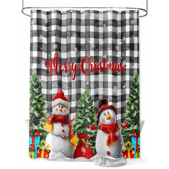 Merry Christmas Shower Curtain Set ,Waterproof Fabric Shower Curtains Cute Snowman Trees Gifts Snowflake Black Plaid Shower Curtains for Bathroom,Bathroom Decor 36"x72"