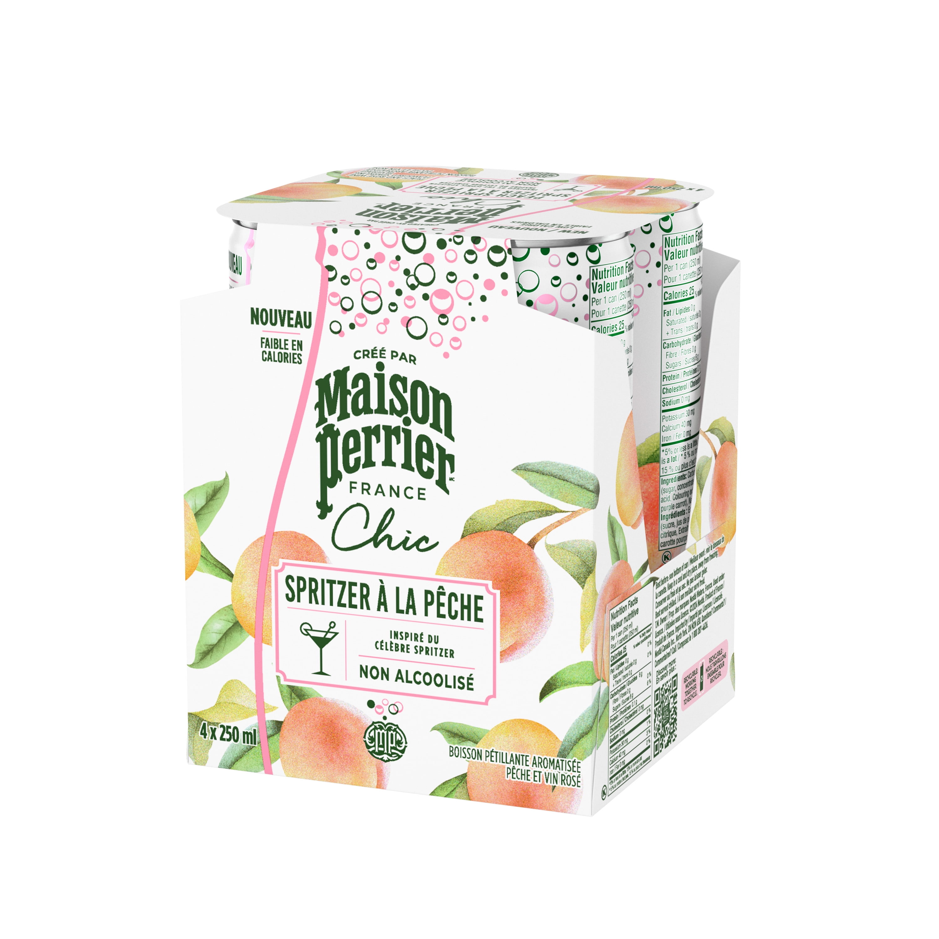 Maison Perrier MAISON PERRIER Chic Peach Spritzer, Non-Alcoholic, Peach And Rosé Wine-Flavoured Sparkling Beverage, Low Calorie Mocktail, Ready To Drink, 1 L