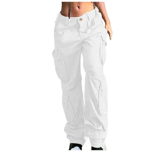 Bmisegm Women High Waist Baggy Cargo Pants Cargo Jeans Jogger Pocket Loose Fit Straight Wide Leg Trouser Pants for Women White L