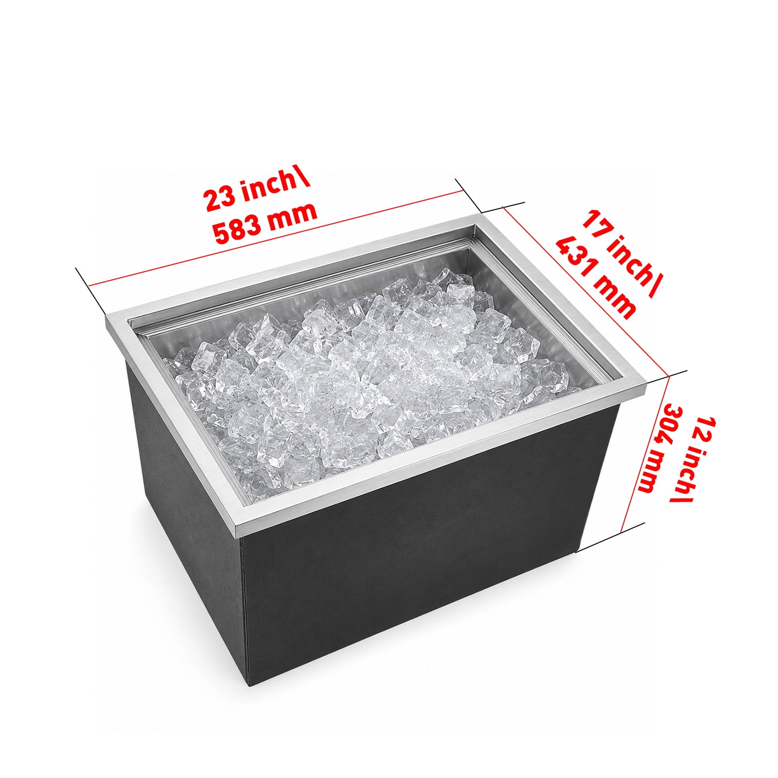 Drop-In Ice Chest, Stainless Steel Ice Storage Box with Lid and Drain Hose, Ice Bin for Chilled Wine, Beer, Beverage (23 x 17 x 12 Inches)
