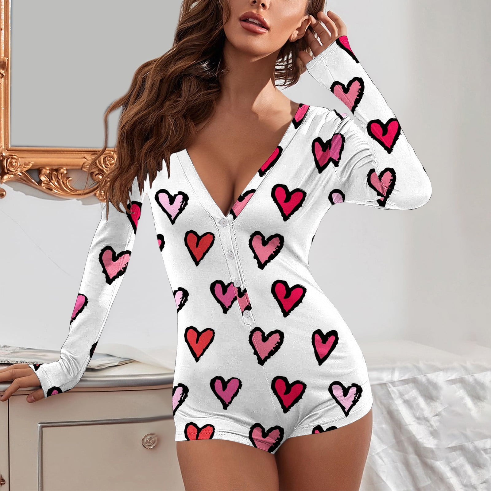 VALMASS Bodysuit Shorts for Women Casual Deep V Neck Printed Sexy Rompers  Tight Curvy Pajama Onesie (2XL, F Pink)