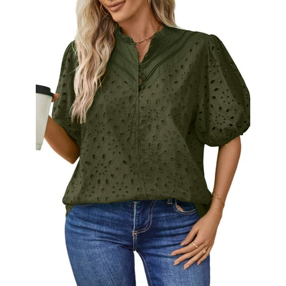 UVN Summer Blouses for Women Short Sleeve Shirts Ladies Hollow Out Lace Blouse V Neck Dressy Casual Tops