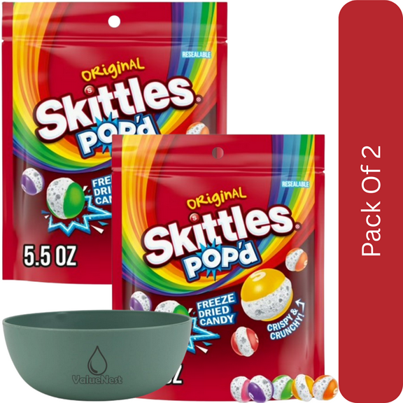 SKITTLES POP'D Originals Freeze Dried Candy, 5.5 oz Bag-2pk, With Olive Green Bowl By ValueNest