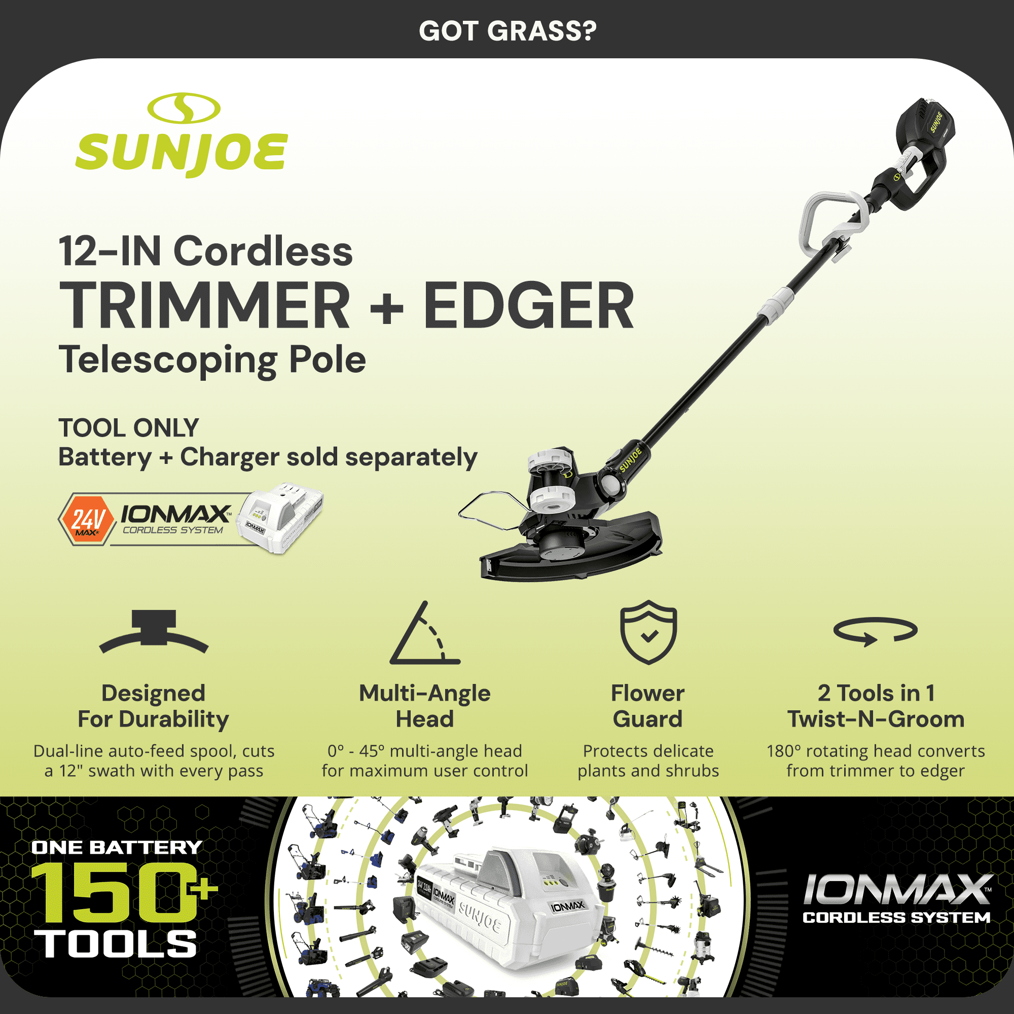 Sun Joe 24V 12 Inch Multi-Angle Head Cordless Dual Line String Trimmer, 24V-ST14-CT