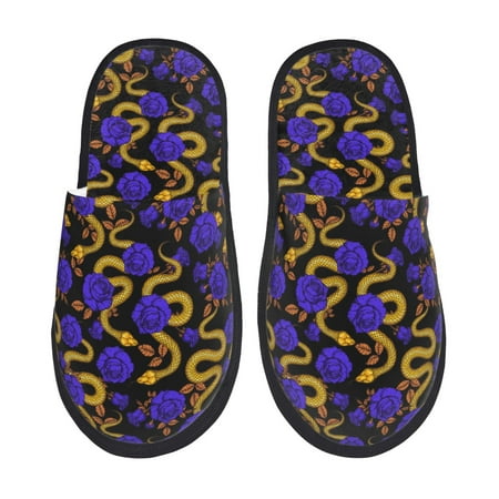 Balery Golden Snake And Purple Rose Slient Indoor Furry Fleece Comfort House Shoes Soft Non-Slip Home Shoes Cotton slippers House Slippers-- Large