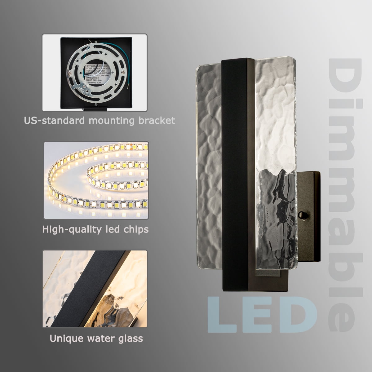 Modern Dimmable Indoor/Outdoor LED Wall Sconce with Water Glass, 10W 3000K Warm White, Set of 2