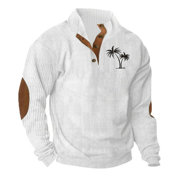 Blusa y camisa de manga larga con cuello alto para hombre, estilo casual, con estampado de palmeras color cacao, deportiva, con cuello alto, botones y patchwork, de poliéster.