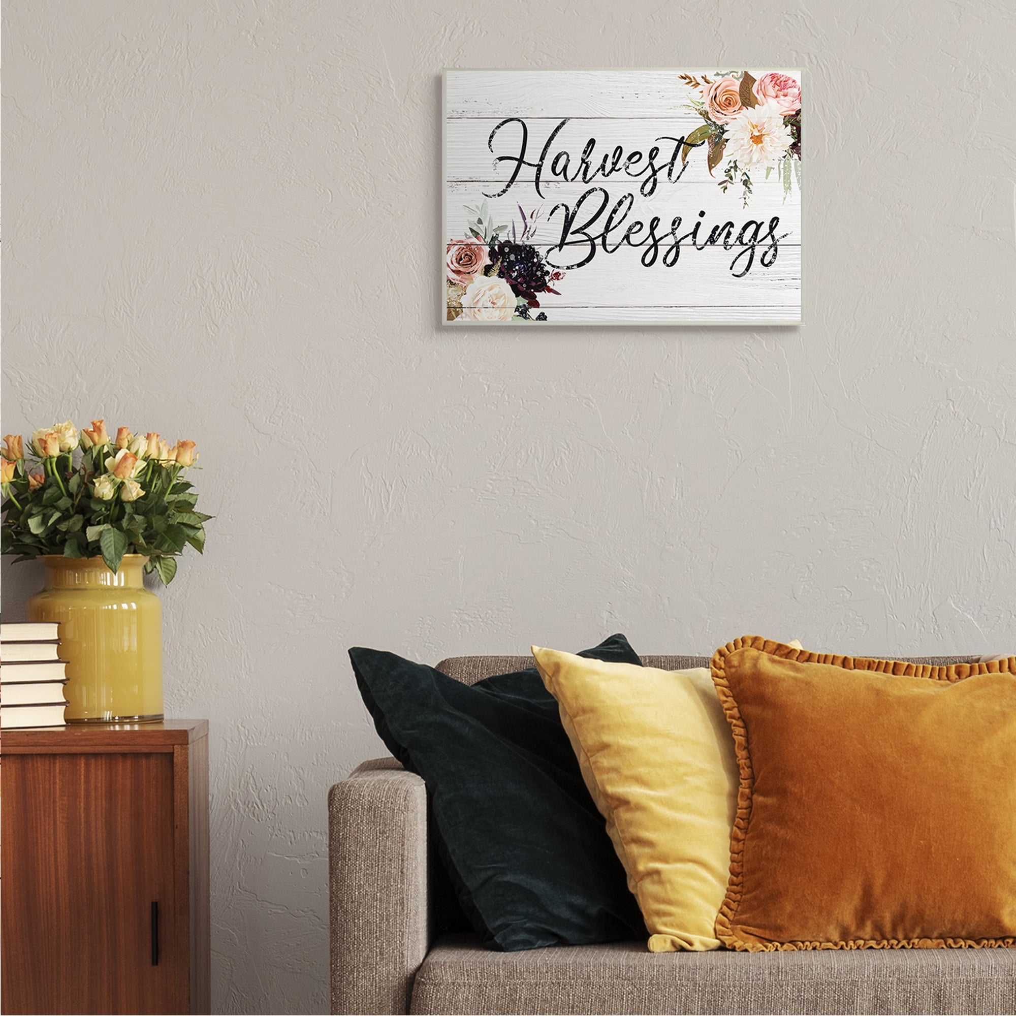 Stupell Industries Harvest Blessings Phrase Pink Peony Floral Arrangements Botanical & Floral Painting Black Framed Art Print Wall Art, 16 x 20