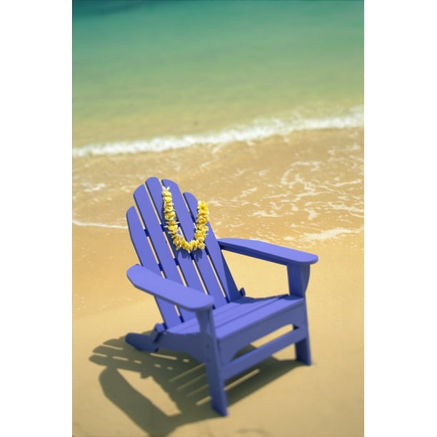 Blue Chair Along Shoreline With Plumeria Lei Hanging On Side Canvas Art - Dana Edmunds  Design Pics (24 x 38)