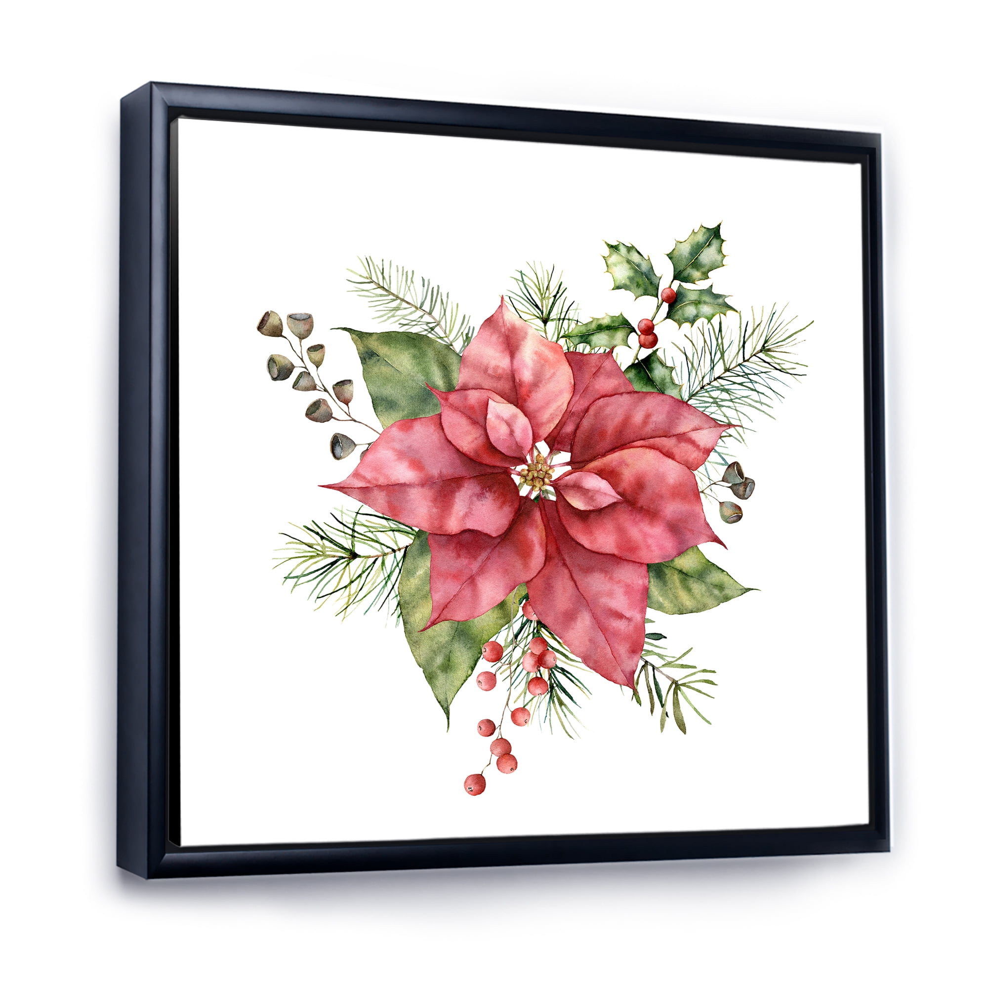 Christmas Fir Branch and Holly Mistletoe Berries II 36 in x 36 in Framed Painting Canvas Art Print, by Designart