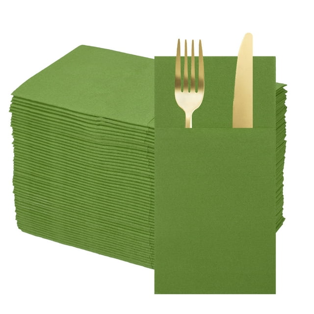 100 Pcs Servilletas Desechables con Sensación de Lino y Bolsillos para Cubiertos Incorporados, Servilletas de Papel para Cuchillo y Tenedor Verde Oliva