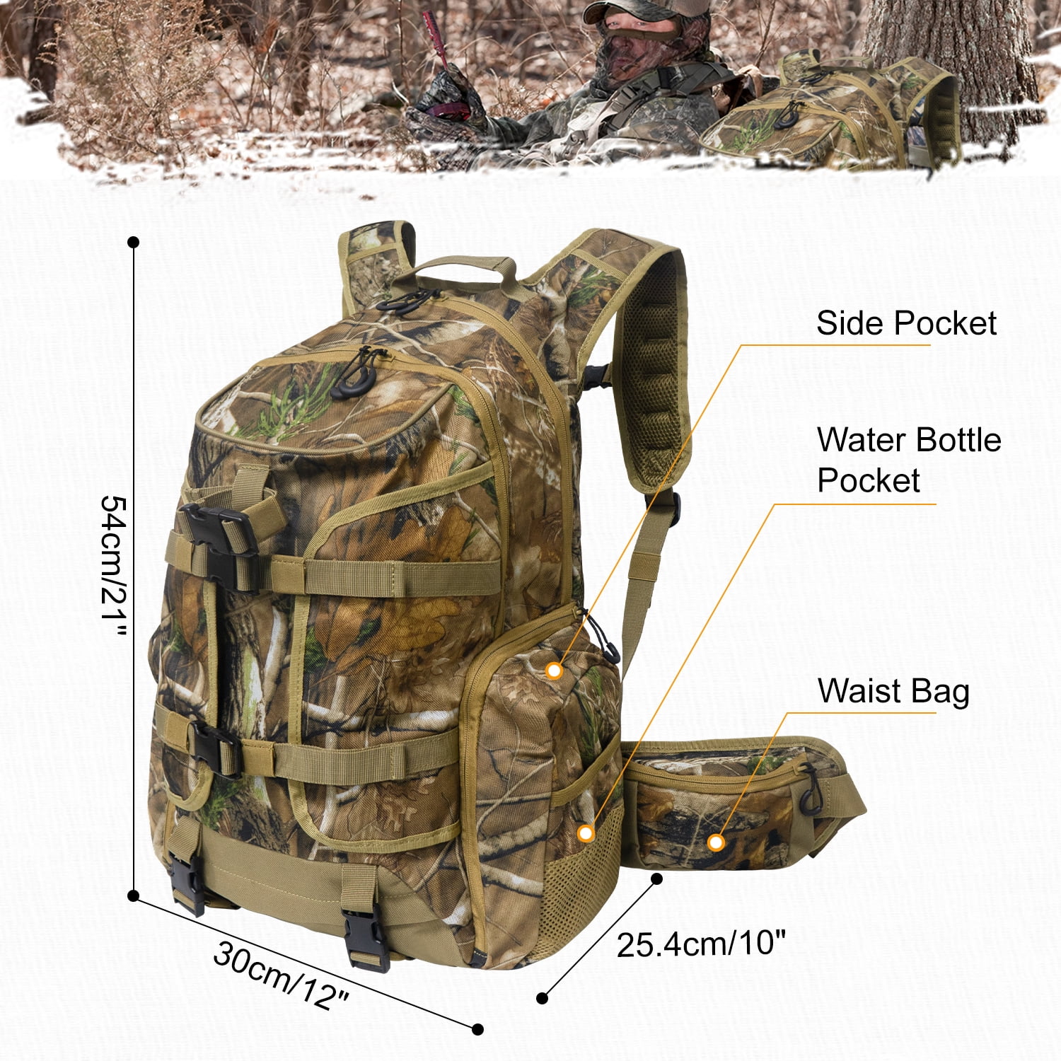 WTVIDAS Hunting Backpack, Waterproof Camo Hunting Pack for Men, Long-Lasting Large Capacity Hunting Day Pack, Hunting Gear, Deer Hunting Accessories