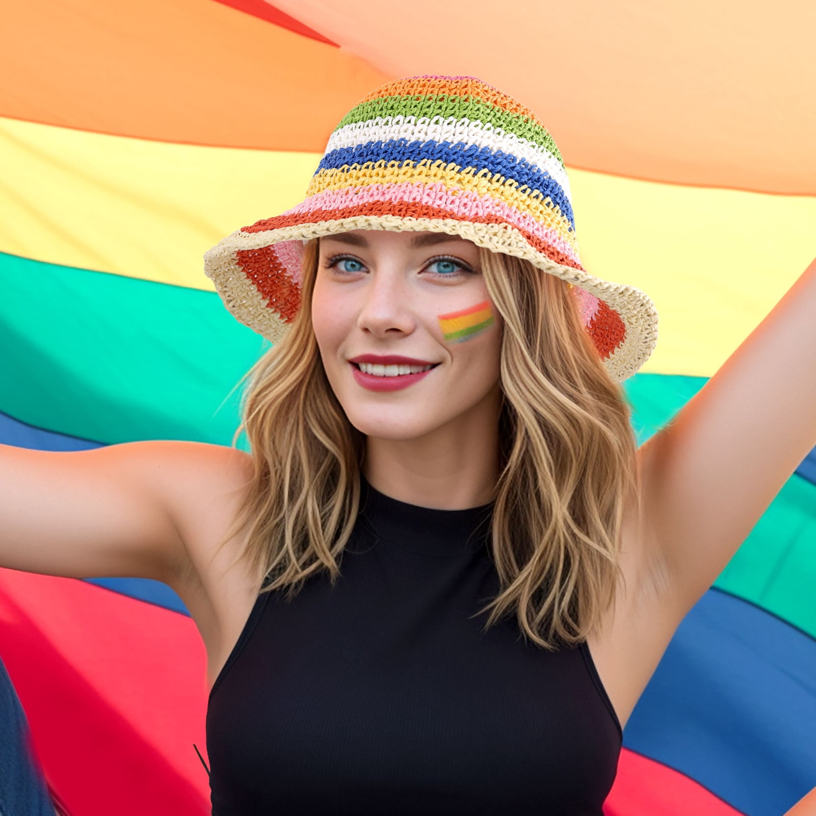Wowstyle Rainbow Stripe Straw Sun Hat for Women Foldable Wide Brim Crochet Straw Bucket Hat Floppy Hand Woven Fisherman Beach Hat UPF 50+ Beach Travel Pride Accessories , Rainbow