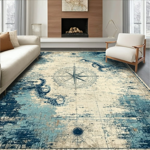 Ultra Soft Area Rug, Marine Life Treasure Map Vintage Nautical Compass Room Decor, Non Slip, Stain Resistant, Washable Area Rugs for Living Room, Bedroom(Blue, 4X6)