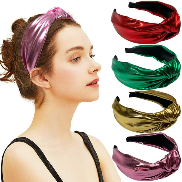 BETITETO Diademas Anudadas con Purpurina, Paquete de 4 Diademas Anchas Metálicas Brillantes Vintage para Mujeres y Niñas (Dorado + Verde + Rosa + Rojo)