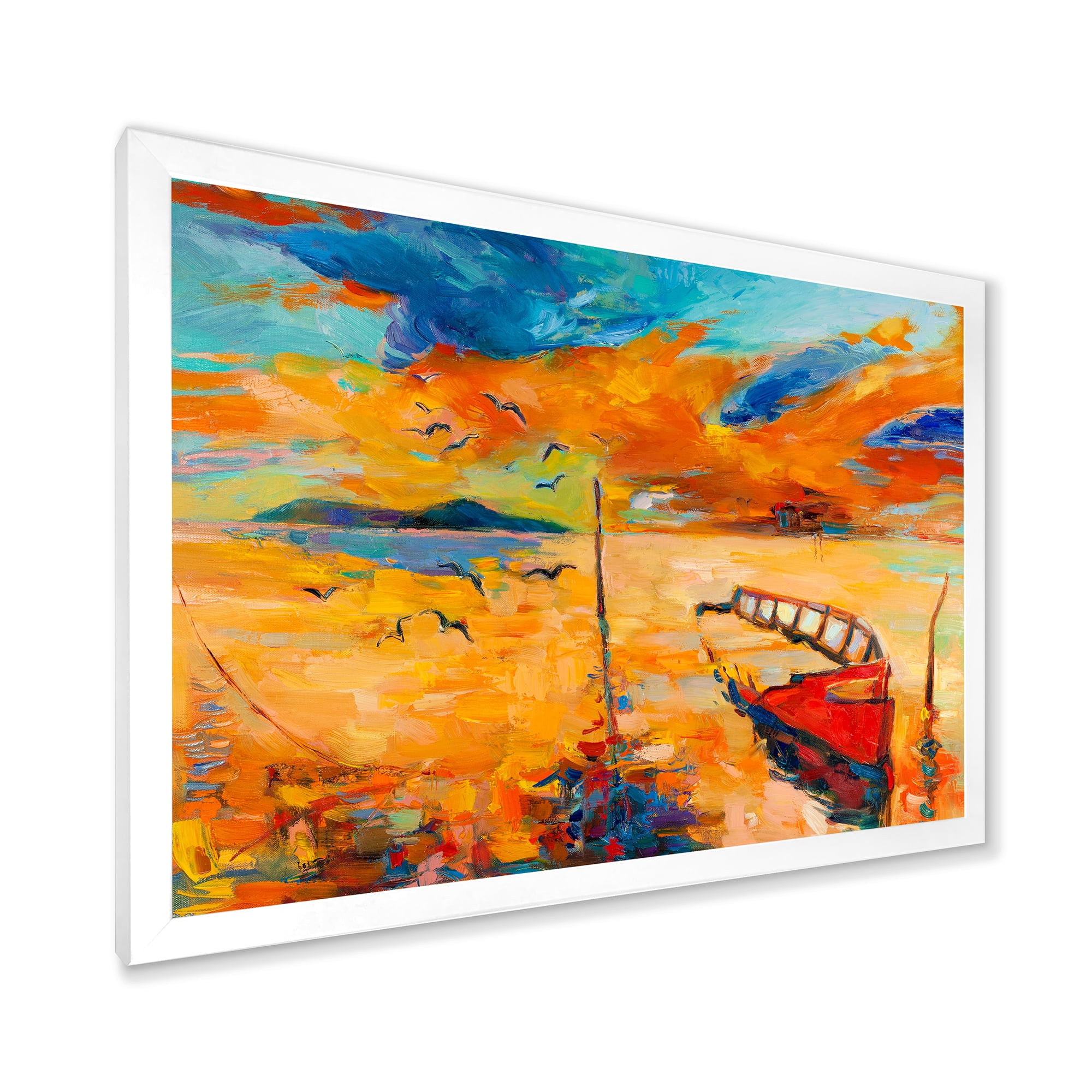 Boat At The Lake During Evening Glow VIII 32 in x 24 in Framed Painting Canvas Art Print, by Designart
