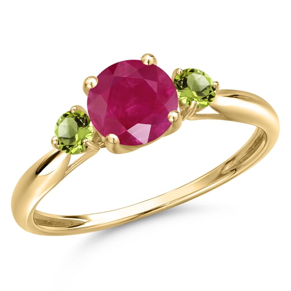 Gem Stone King 10K Yellow Gold Red Ruby and Green Peridot 3-Stone Ring for Women | 1.24 Cttw | Round 6MM | Gemstone July Birthstone | Size 7