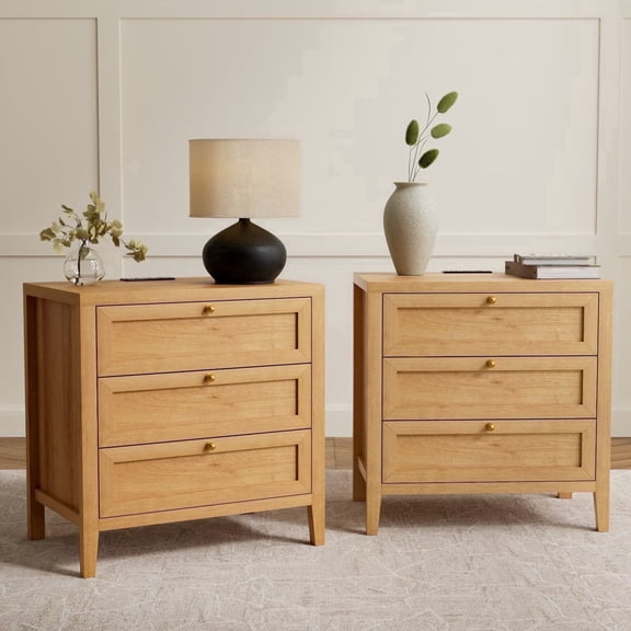 EYYTHUNG Large Nightstand Set of 2 with 3 Drawers, Farmhouse Bedside End Table with Charging Station, Modern Wood Night Stand, Natural Oak